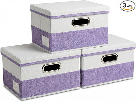 PRANDOM Storage Bins with Lids [3-Pack] Linen Fabric Foldable Storage Boxes Organizer Containers Baskets Cube with Cover for Bedroom Closet Office Purple&White（11.4X8.6X6.7