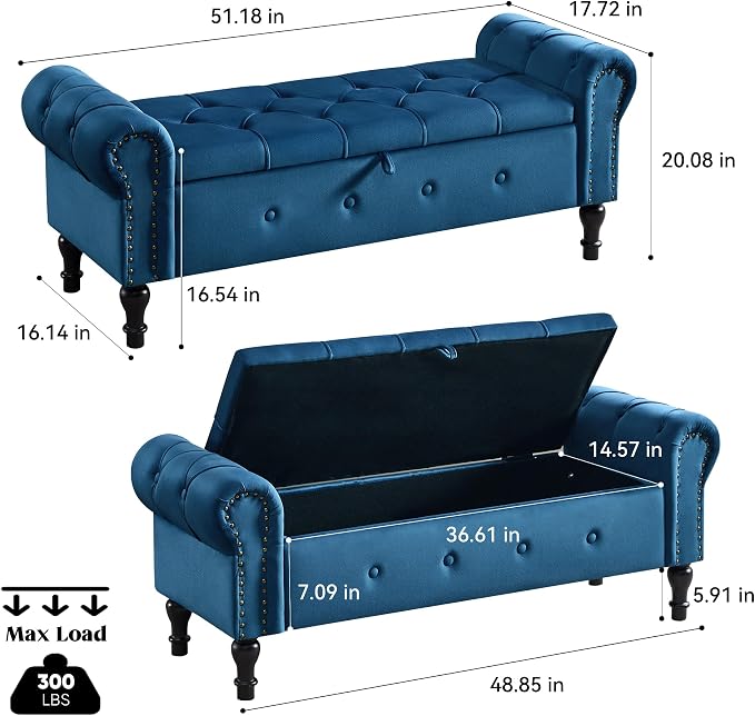 Storage Bench 51" Velvet End of Bed Benches Navy Blue | Queen Size Storage Bench for Bedroom with Rolled Arms Tufted Ottoman Benches Upholstered Bench for Living Room Entryway