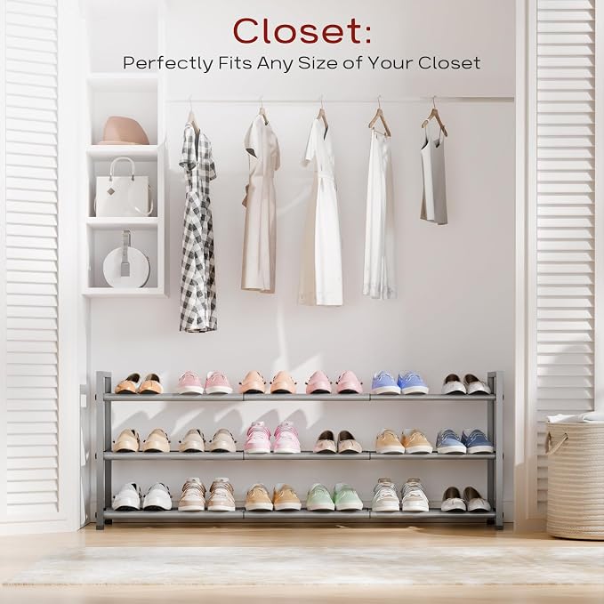 Bumusty 3 Tier Long Expandable Shoe Rack for Closet, Light Grey | 18"-44" Adjustable Shoe Rack for Entryway, Shoe Organizer for Dorm, Front Door, Sturdy Metal
