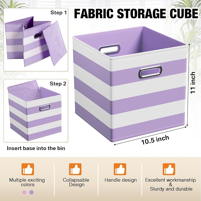 CroBlissful 11 Inch 6 Pack Fabric Storage Cubes with Metal Handles, Back to School Collapsible Organizer Bins for Classroom, Closet, Student Room, Toys and School Supplies (Purple and Pink)