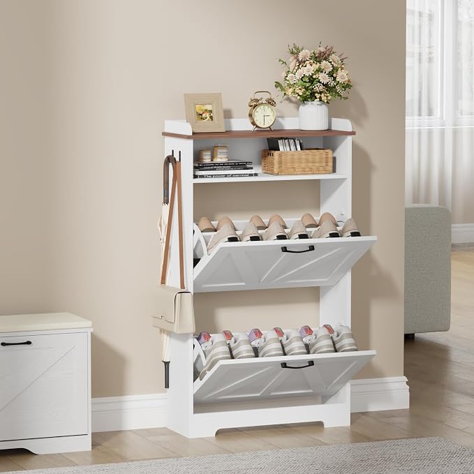 Farmhouse Narrow Shoe Cabinet with 2 Flip Drawers, 23.6" W White | Freestanding shoe storage cabinet for entryway,foyer and hallway,slim design width and space-saving flip drawers