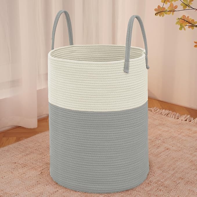 JMvicyroam 80L Cotton Rope Laundry Basket Hamper, White and Grey | Collapsible laundry basket, reinforced handles, freestanding, machine washable, holds 3-5 thick blankets, clothes or toys