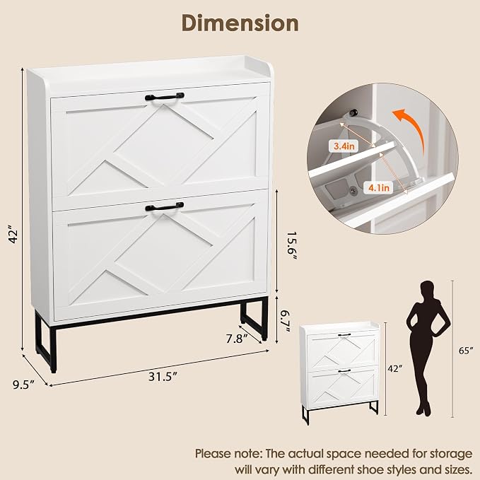 Nicetree Shoe Storage Cabinet with 2 Flip Drawers, Entryway Cabinet, White | Slim Shoe Cabinet with Metal Legs, Narrow Farmhouse Shoe Organizer for Entryway, Foyer, Hallway, Wood Shoe Rack with Hook