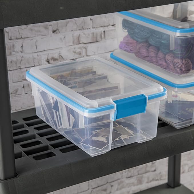 Sterilite Gasket Storage Box with Lids for Home & Office, 12 Quart, 12-Pack | Heavy-Duty, Stackable, and Organizing Containers for Bathroom, Cabinet, Closet, and Garage, Clear and Blue Aquarium Latches