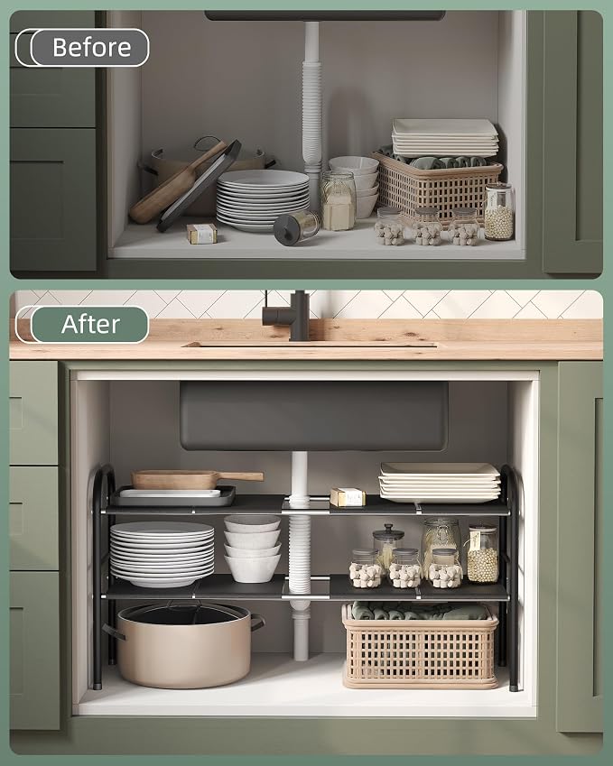 Under Sink Organizers and Storage,Expandable under cabinet organizer Shelf | 2 tier expandable shelf for kitchen,bathroom,shoe rack,8 Removable ABS Panels,Adjustable partition height,20.6-32.2" W,2 Pcs