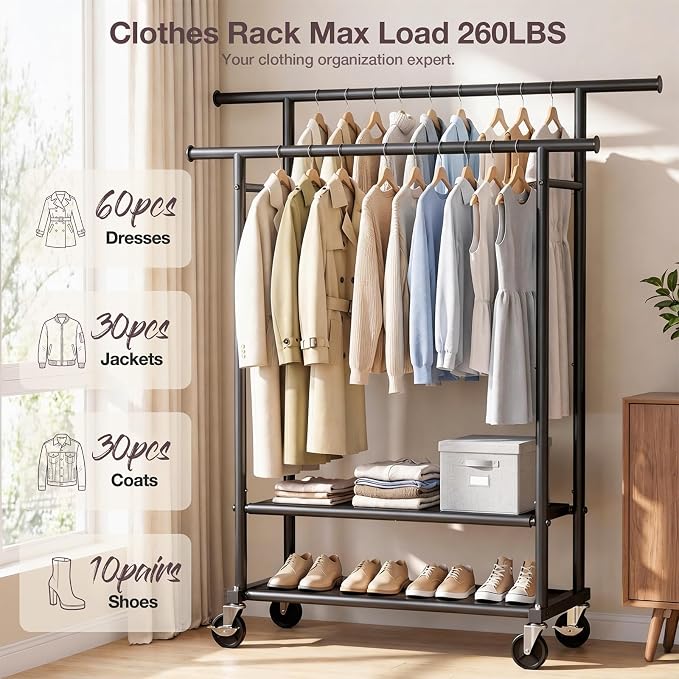 Portable Clothes Rack Rolling Garment Rack with Wheels 260LBS Black | Clothing Rack Hanging Clothes,Closet Rack Double Shelves Double Rods, Metal Garment Rack for Bedroom Laundry Living room