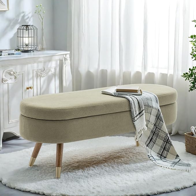 IAFIKE Oval Storage Bench 43.5" Ottoman Bench Upholstered Boucle Fabric Footrest Bench with Golden Metal Legs End of Bed for Bedroom, Living Room, Entryway,Bed Side (Green)