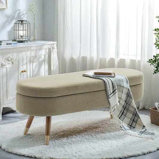 IAFIKE Oval Storage Bench 43.5" Ottoman Bench Upholstered Boucle Fabric Footrest Bench with Golden Metal Legs End of Bed for Bedroom, Living Room, Entryway,Bed Side (Green)