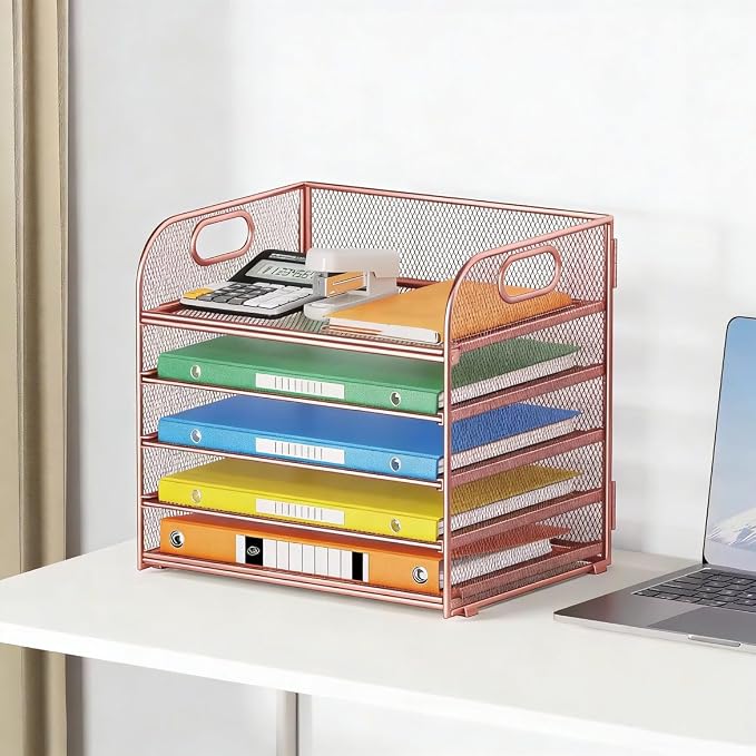 5 Tray Paper Organizer Letter Tray with Handle - Mesh Desk File Organizer, Paper Sorter Organizer for Office, Home or School File Folder Holder - Rose Gold