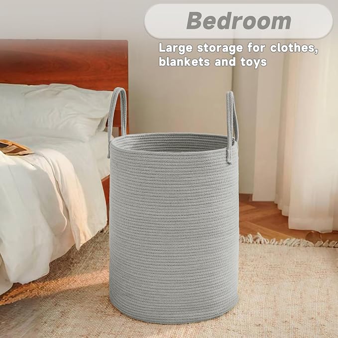 JMvicyroam 80L Cotton Rope Laundry Basket Hamper, Grey | Collapsible laundry basket, reinforced handles, freestanding, machine washable, holds 3-5 thick blankets, clothes or toys