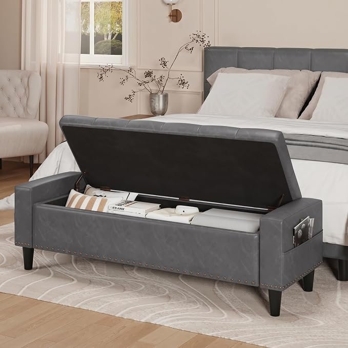 60" Storage Ottoman Bench, Faux Leather Upholstered Bed Bench with Tufted Buttons and Nailhead Trim, Large Ottoman with Storage for King Size End of Bed, Bedroom, Entryway, Hallway (Grey)