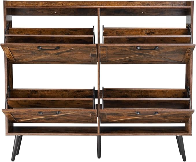 VEVOR Shoe Cabinet with 4 Flip Drawers, Farmhouse Shoes Storage Cabinet with Wood Legs and Anti-Tipping Device, Freestanding Shoe Organizer Ideal for Entryway, Hallway, Bedroom, Living Room, Brown