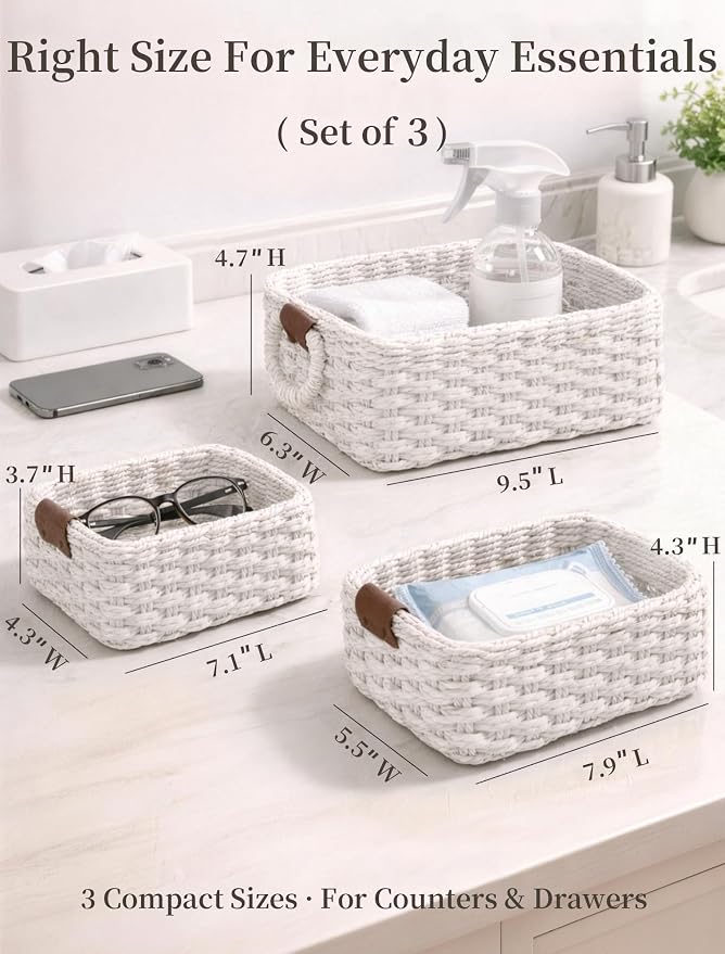 Small Wicker Baskets, 3 PCS Paper Rope Baskets for Shelves, White | Recycled Small Baskets, 3 Sizes Woven Baskets for Organizing, Decorative Storage Baskets for Bedroom and Bathroom
