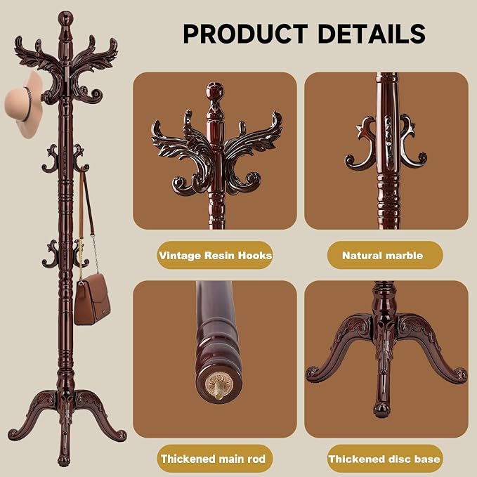 Wood Coat Rack Stand Vintage Coat Rack Freestanding with 14 Hooks | Solid Wood Coat Rack with Triangl Base,Wooden Coat Hanger Stand,Classic Coat Clothes Tree Stand for Office