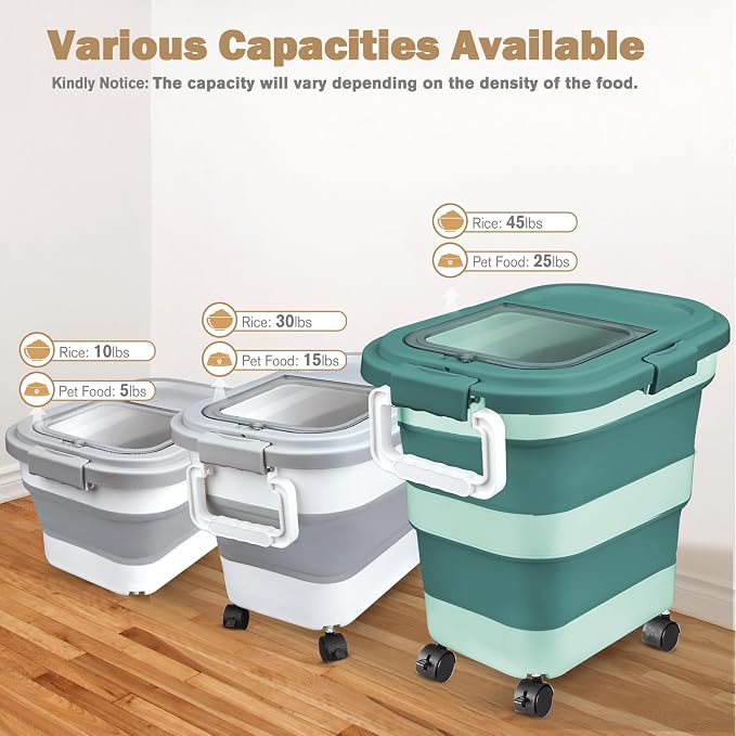 Rice Storage Container, Collapsible Airtight 10-40 Lb Rice Storage Container, 25lb Pet Dog Food Storage Container, Rice Dispenser Bin with Cup and Scoop for Flour Cereal Pasta Grain, Cat Bird