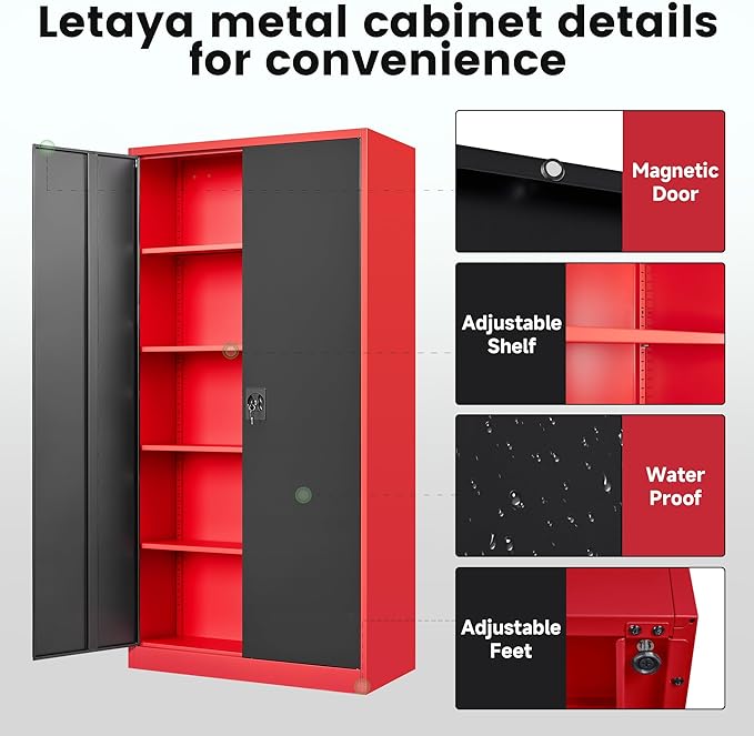 Letaya Metal Storage Cabinets with Lock, 72" Tall Locker Organizer Steel Cabinets, Adjustable Layers Shelves 2 Doors for Home, Office, Warehouse,Garage(Black Red)