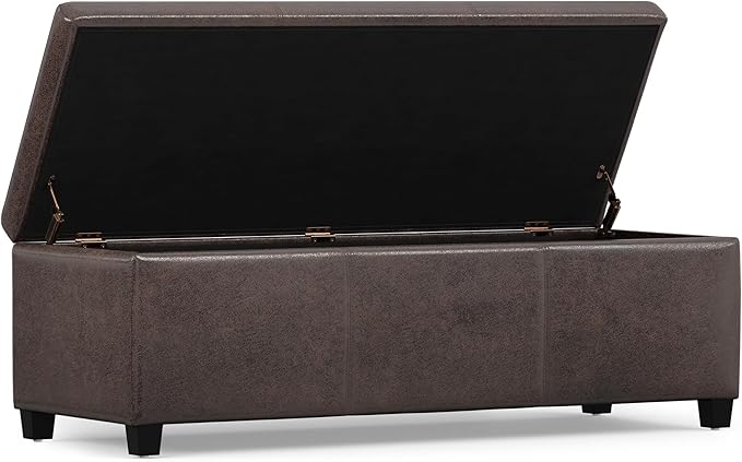 SIMPLIHOME Avalon Storage Ottoman Bench - 48" Wide x 16" High Upholstered Vegan Leather Rectangular Lift-Top Ottoman in Distressed Brown, Contemporary Bench for Living Room with High-Density Foam