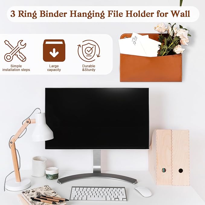 3 Pcs PU Leather Mail Holder Wall Mount 9.8x7.7 Inch Brown Letter Holder Vintage Hanging Mail Organizer 2 Ring Bill Organizer for Wall Decor Storage Letter Postcards Bill Flowers Office Home