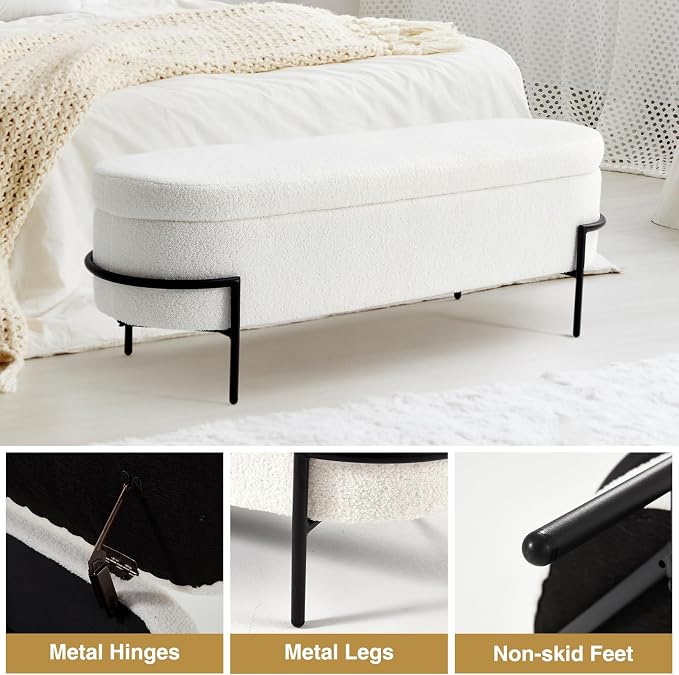 FiveWillowise 45 Inch Sherpa Storage Ottoman Bench,End of Bed Bench | Upholstered Boucle Storage Bench with Storage,Metal Stand and Hinges,Oval Ottomans for Living Room,Bedroom,White