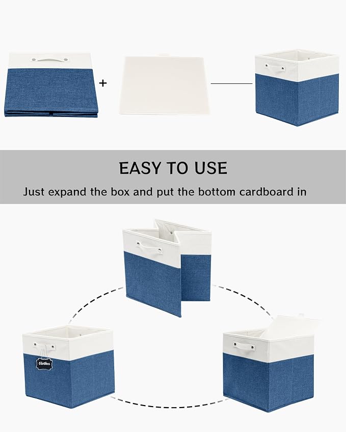 FinishingBo 13 inch Cube Storage Bins with Handles 4 Pack | Foldable Linen Storage Baskets, Closet Organizers, Shelf Baskets, White Blue