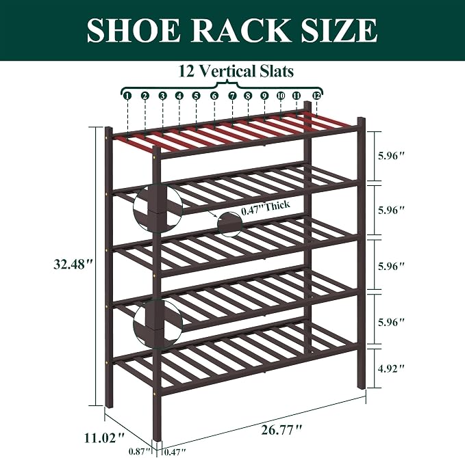 Smiry Bamboo Shoe Rack, 12 Vertical Slats, 5 Tier - 26.8" Wide, Brown | Stackable Free Standing Wooden Shoe Organizer, Wood Shoe Storage Shelf for Closet, Entryway