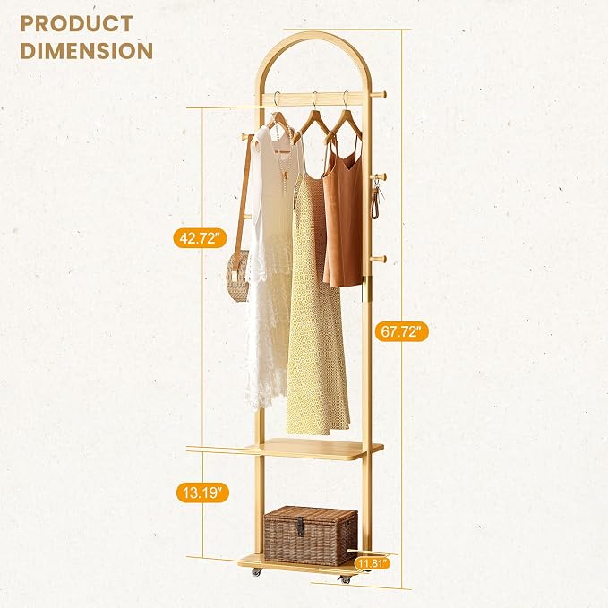 15.9" Narrow 3-in-1 Rolling Clothing Rack,Wooden Coat Rack with Wheels, 2 Shelves and 5 Hooks, Solid Rubber Wood Coat Rack with Shelves for Entryway, Bedroom, Living Room, Burlywood