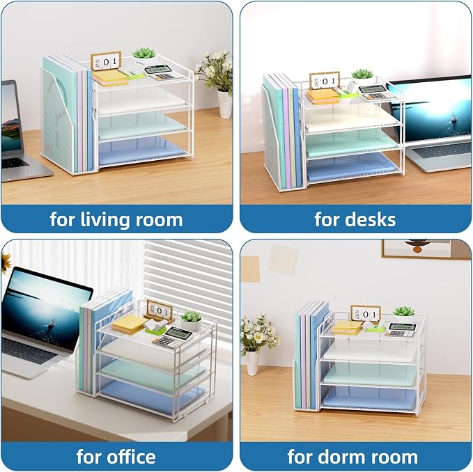 Marbrasse 4-Tier Paper Tray Organizer with File Holder, White | Sturdy Paper Tray, Built-in File Holder, fits Letters/Docs, Saves Desk Space, for School/Office/Home