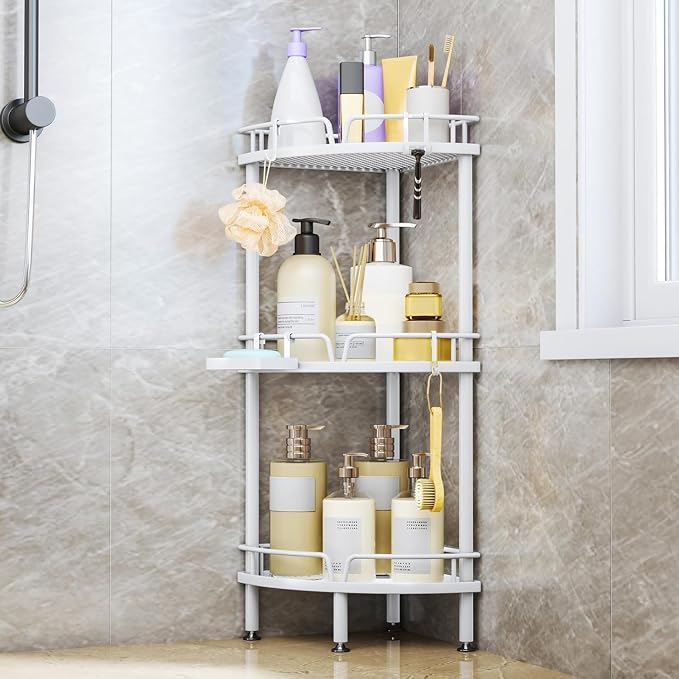 Consumest Corner Shower Caddy Standing - 3 Tier Shower Organizer with Soap Holder, Tall Floor Storage Rack with Adjustable Feet & 4 Hooks, Bathroom Corner Shelf, White