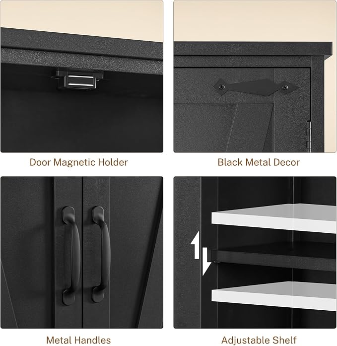 58" H Storage Cabinet with Adjustable Shelf, Kitchen Cabinet with 4 Doors, Farmhouse Pantry Cabinets, Cupboard for Kitchen, Bathroom, Living Room, Black