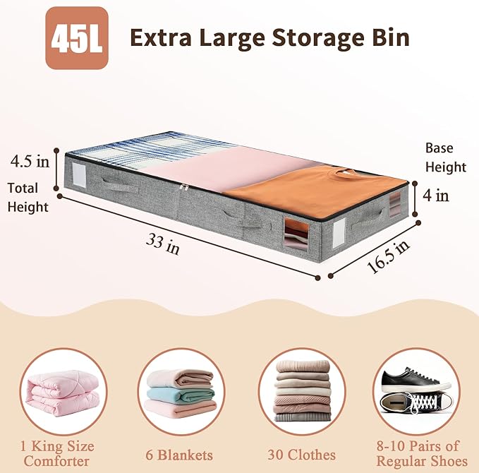 combocube 2 Pack Under Bed Storage Containers, 4.5" Low Profile Underbed Storage Bins with Sturdy Support, Stackable Space Saving Organizer with 4 Handles & Label Windows for Shoes Clothes Blankets