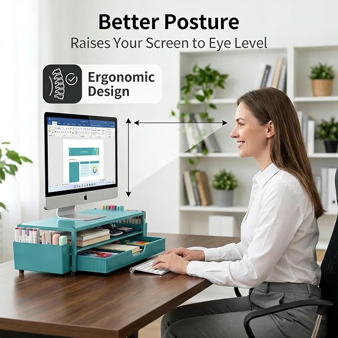 ECOLOVI Desk Organizer and Accessories, 2-Tier Computer Monitor Stand Rise with Storage Drawer & 2 Pen Holders, Laptop & Printer Stand for Desktop, Workspace Organizers for Office Supplies (Blue)