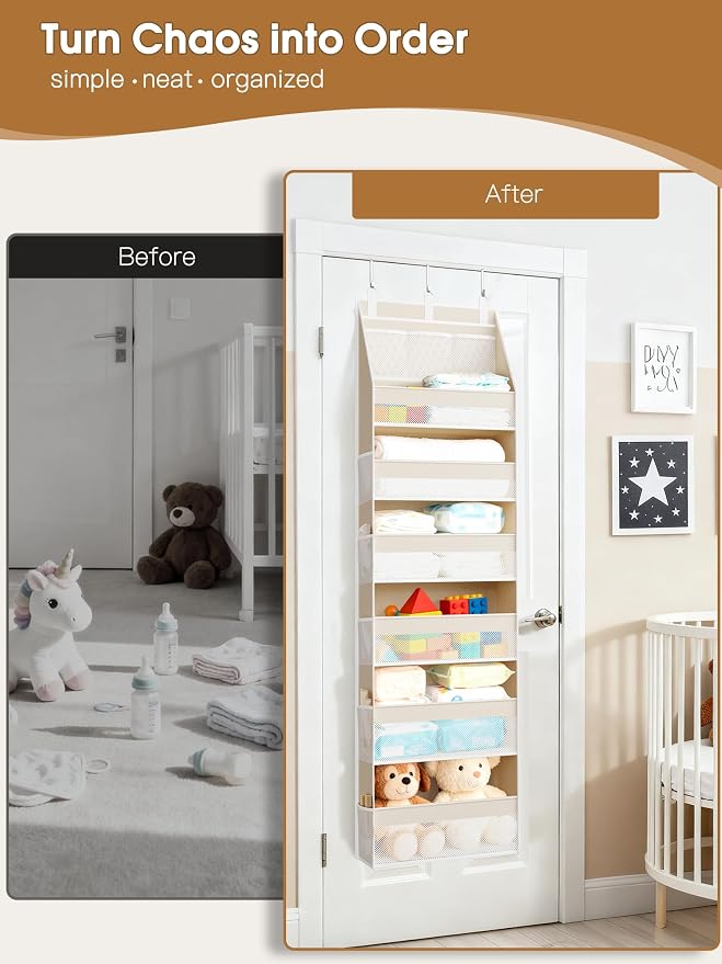 Criusia 2 Pack Over the Door Organizer, 6-Shelf Closet Hanging Storage with 13 Mesh Pockets, 55lbs Capacity Behind the Door Storage for Baby Nursery, Bathroom, Bedroom, and Dorm, Beige