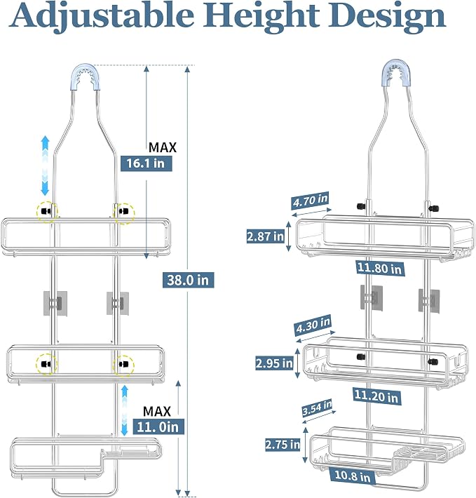 Skyapex Shower Caddy Hanging Bathroom Organizer: Over Head Adjustable Rack for Tall Showerhead - Extra Large Storage Shelf for Big Shampoo Bottles with Soap Holder
