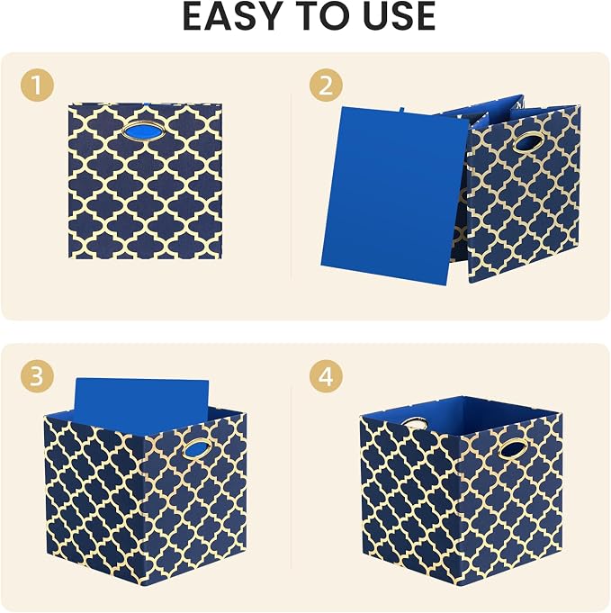 Posprica 11x11x11 Storage Cube Bins, Collapsible Storage Bins Fabric Storage Cubes Organizer Baskets Box Drawers for Shelves, Closet, Wardrobe, Bookshelf, Cabinet Blue/Gold Lantern, 4 Pack