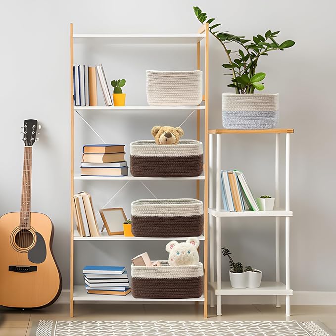COMFY HOMI 11.5"x7.5"x4.7" Storage Baskets for Organizing | Cotton Rope Woven Basket | Toy Storage Bin Box | Basket for Shelves, Closet Organizer Bin, Decorative Closet Shelf, 3 Pack,