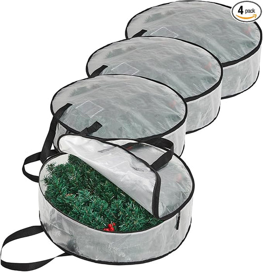 Hayoulabo 4 Pack Clear Christmas Wreath Storage Bags 24 Inch - Waterproof Wreath Container with Dual Zipper and Reinforced Handles for Artificial Wreath, Garland and Holiday Decor Organization