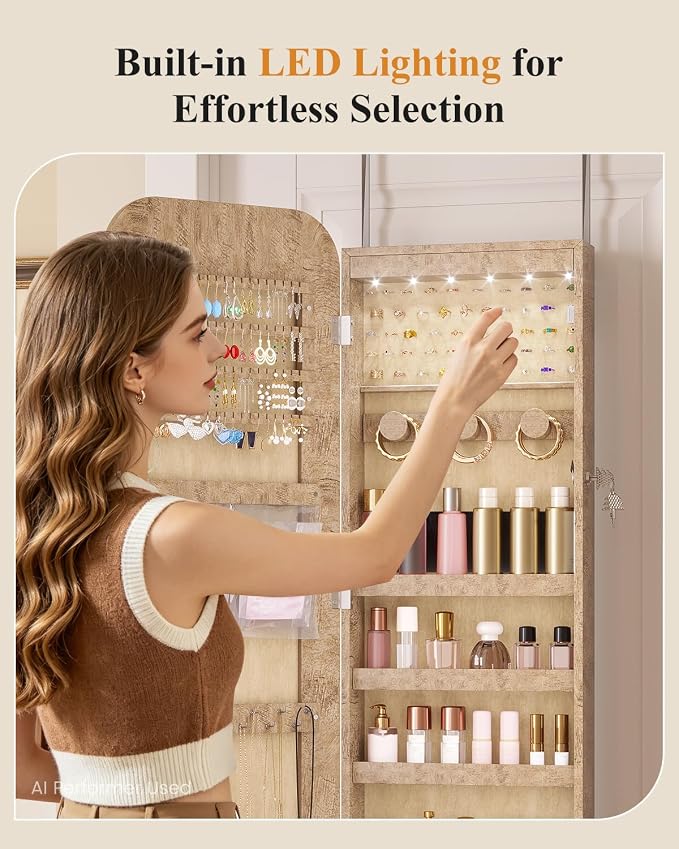 6 LEDs Mirror Jewelry Cabinet Door Hanging, 42.5", Lockable, Brown | Jewelry Organizer with Full Length Mirror, Wall Mounted Large Jewelry Storage for Earrings, Rings, Necklaces