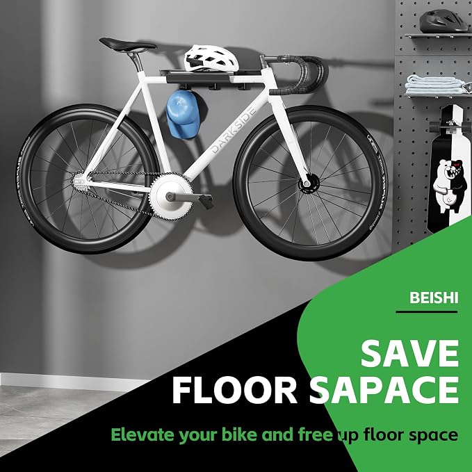 Bike Wall Mount Rack with Shelf and Hooks Saving space | Store Your Helmet and Shoes,Indoor Bike Storage Garage for a Single Road, Mountain or Other Bicycle,Fit Crank Bicycle