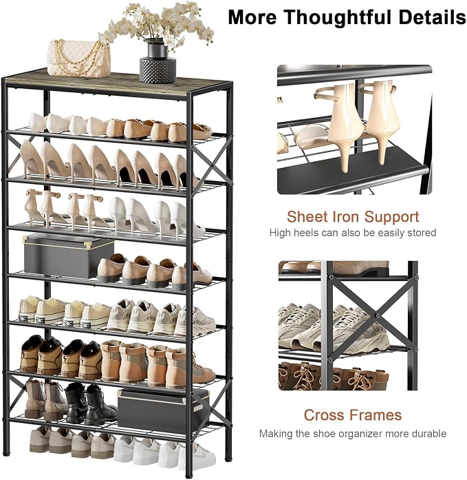8 Tier Metal Shoe Rack with Wood Top, 24-32 Pairs Gray | 52in tall maximizes vertical space. 2 iron sheets for heels. Remove a layer for tall boots. Versatile for home.