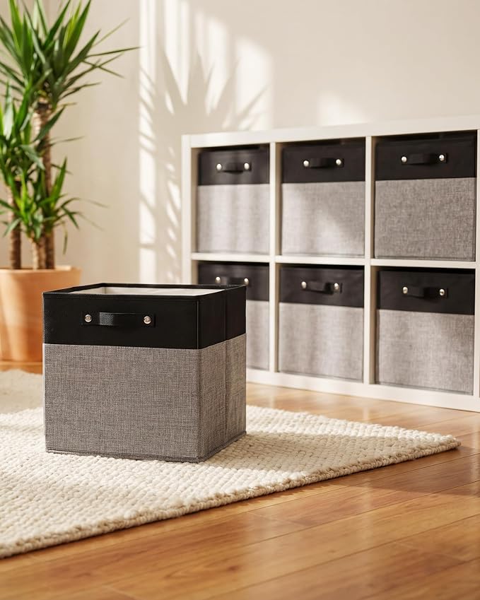 FinishingBo 13 inch Cube Storage Bins with Handles 6 Pack | Foldable Linen Storage Baskets, Closet Organizers, Shelf Baskets, Black Grey