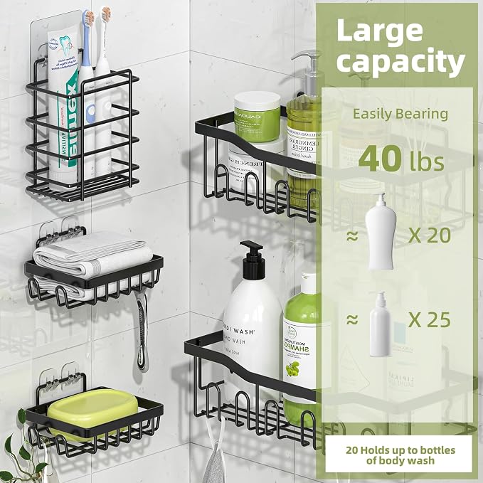 Simple Trending Shower Caddy, 5 Pack Rustproof Stainless Steel Shower Shelves, No Drilling Bathroom Organizer Adhesive with Large Capacity, Black Metal Storage Basket