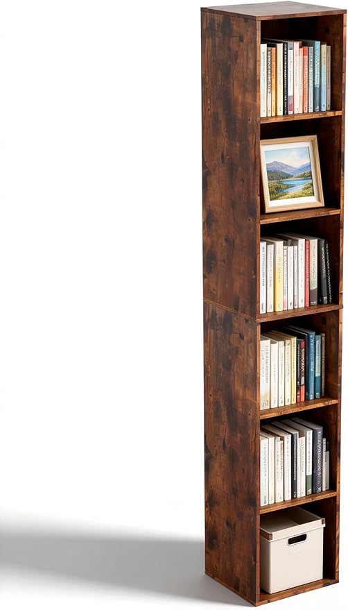 Cube Storage Organizer, 6 Cube Retro Bookshelf, Freestanding 6 Tier Open Shelf, Rustic Brown Retro Shelves for Home Office, Bedroom, Living Room, Study