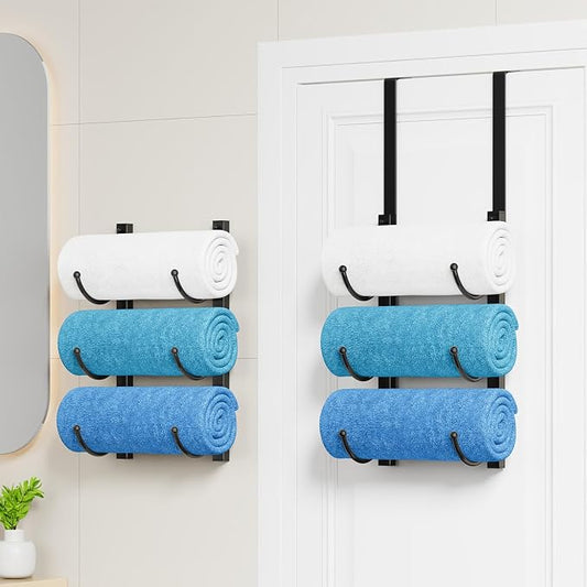 HapiRm Rolled Towel Racks for Bathroom - 3-Tier Over The Door & Wall Mounted Bathroom Towel Storage, Hanging Metal Organizer for Towels & Bath Sheets, Space Saving Rack for Bathroom, Camper, RV, Black