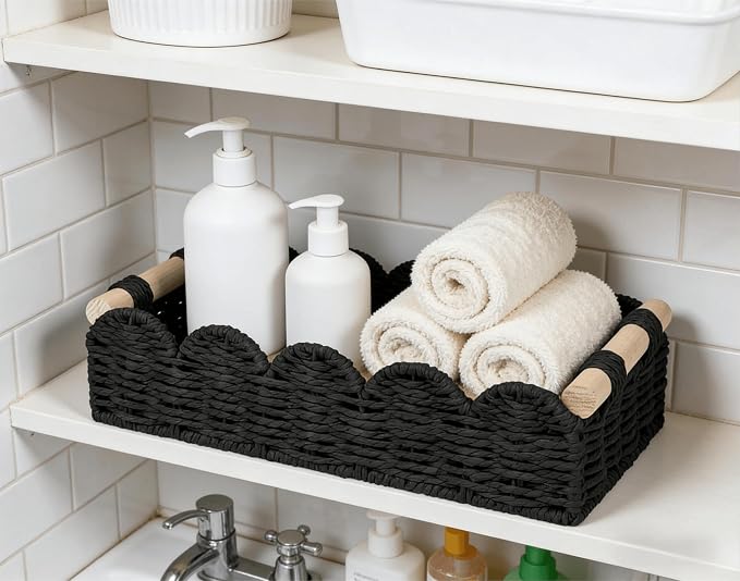 CubesLand Toilet Paper Storage Basket Organizer, Small Wicker Decor Basket | Toilet Tank Top Decorative Basket for Countertop, Handwoven Scalloped Basket W/Handle for Home Decor Living Room, Black