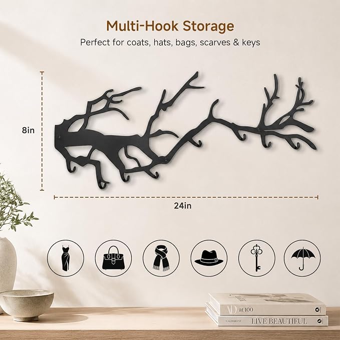 Wall Coat Rack with 8 Hooks Black - Tree Branch Design Metal Wall Hooks - Coat Hooks for Hallway, Bathroom, Bedroom, Kitchen - Hook Rail for Wall Mounting