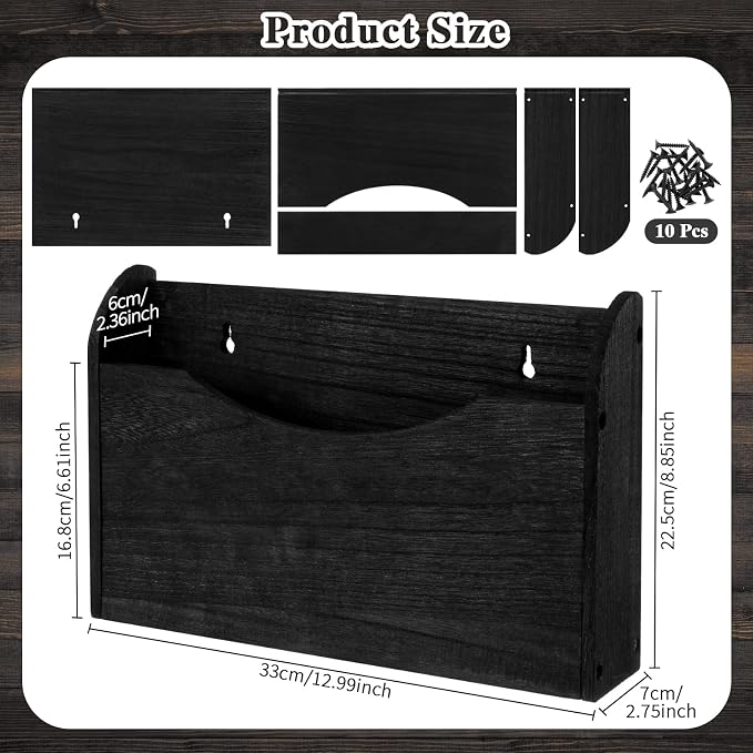Suzile Wall Mounted File Holder Wood Magazine Holder Wall Hanging File Organizer for Office Mail Magazine Letter Paper Folder Organization (Black)