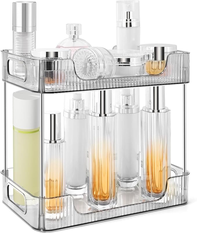 2-Tier Bathroom Counter Organizer Countertop Storage, Dresser Organizer Vanity Tray for Makeup, Perfume Organizer Cosmetics Skincare Shelf - Grey