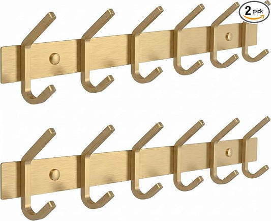 Brushed Gold Wall Mounted Coat Rack – 17 Inch Stainless Steel Rail with 6 Double Coat Hooks for Entryway, Bathroom, Bedroom, Kitchen – Modern Gold Hook Rack for Coats, Hats, Towels - 2 Pack