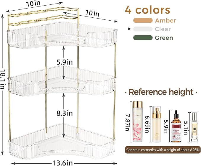 BEFSOP Corner Bathroom Counter Organizer, Upgraded 3-Tier Makeup Organizer Countertop with Makeup Brush Holder, Skincare Exquisite Vanity Organizers Countertop Bathroom Storage Dresser(CLEAR)