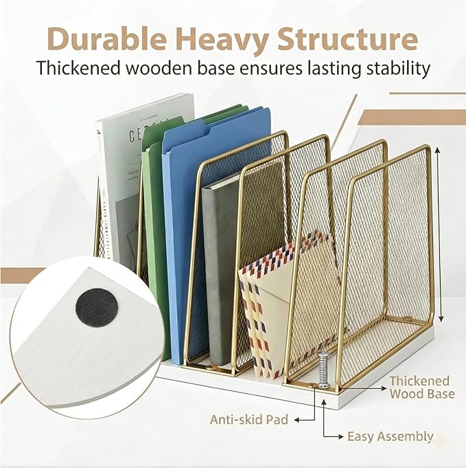 5-Section Vertical File Organizer for Desk, Gold | Sturdy Wood Base, Metal Mesh, Desktop File Holder, Upright Paper Folder Sorter